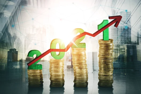 Dubbel Exponering Nummer 2021 Ovanför Högen Guldmynt Formade Tillväxtdiagram Och — Stockfoto