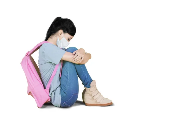 Sad Female Student Wearing Face Mask While Sitting Alone Studio — Stock Photo, Image