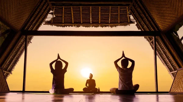 Rear View Young Woman Her Daughter Practicing Yoga While Sitting — Stock Photo, Image