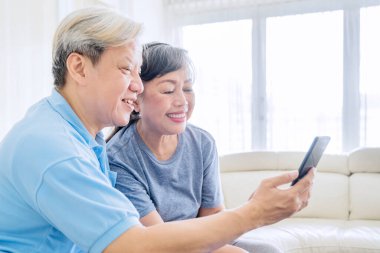 Yaşlı bir çiftin koltukta otururken cep telefonu kullanarak video araması. Evde vuruldu.