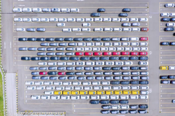 Top View Colorful New Car Parked Produced Automobile Factory Export — Stock Photo, Image