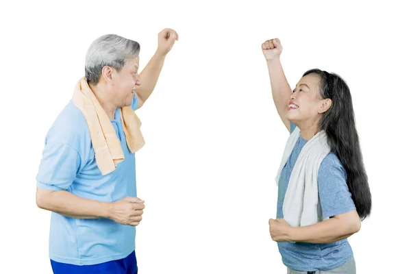 Side View Happy Old Couple Wearing Sportswear While Exercising Together — Stock Photo, Image