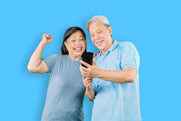 Happy Old Couple Reading Good News Cellphone While Standing Studio — Stock Photo, Image