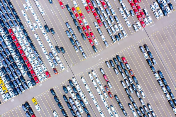Top View New Cars Parking Lot Waiting Export Import Produced — Stock Photo, Image