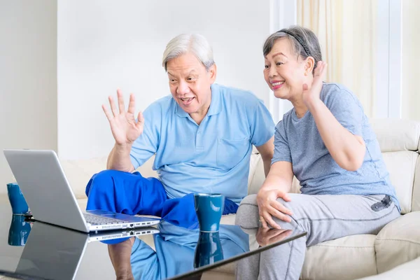 Heureux Vieux Couple Agitant Les Mains Devant Leur Ordinateur Portable — Photo