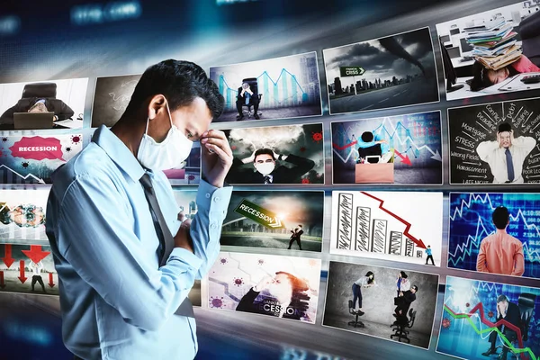 Stressed Businessman Standing Virtual Screen Business Loss Pictures Report Due — Stock Photo, Image