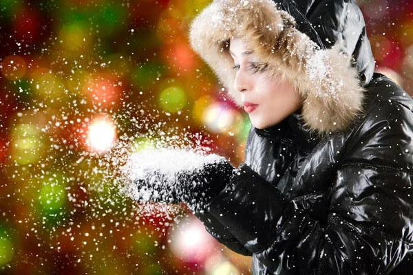 Young Woman Wearing Winter Clothes While Blowing Snow Her Hands — Stock Photo, Image