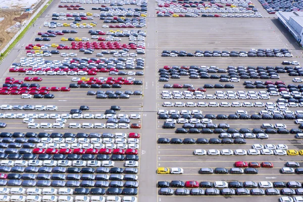 Beautiful Aerial View Colorful New Cars Parked Produced Automobile Factory — Stock Photo, Image