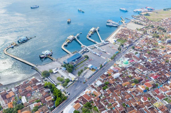 Aerial View Passengers Boats Anchoring Ketapang Port Turquoise Water Banyuwangi — Stock Photo, Image