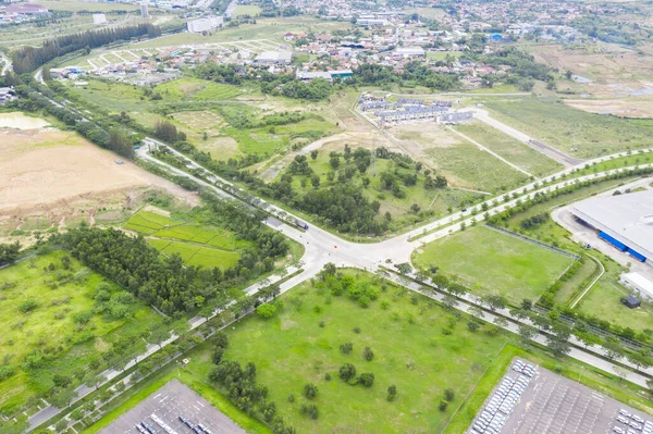 Beautiful Aerial View Cars Moving Crossroad Green Trees Industrial District — Stock Photo, Image