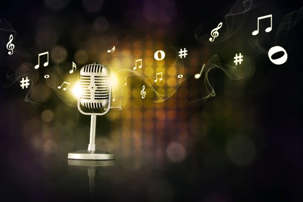 Old Microphone Flying Music Tunes Symbol Blurred Sparkling Light Background — Stock Photo, Image