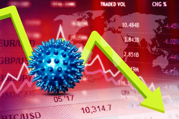 Close up of declining trade market business arrow impacted by Coronavirus pandemic