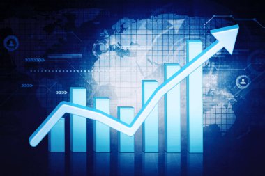 Sanal ekran arka planında dünya haritası olan büyüyen iş finans grafiği
