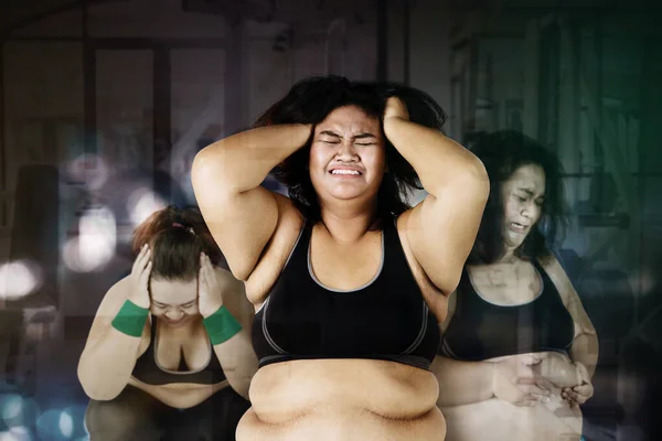 Doble Exposición Mujer Gorda Que Siente Frustrada Por Pérdida Peso —  Fotos de Stock