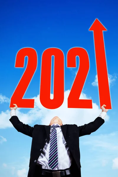 Low Angle View Male Manager Holding Number 2021 Upward Arrow — Stock Photo, Image