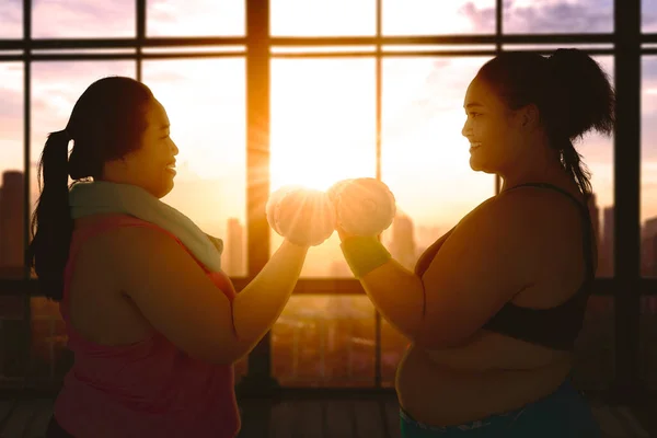Silhouette Two Fat Women Exercising Dumbbell While Standing Window Dusk — Stock Photo, Image