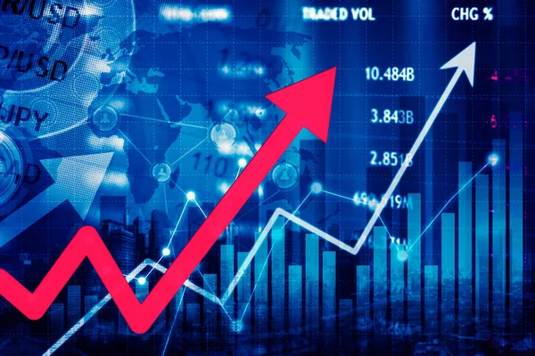 Двойное Воздействие Стрелок Вверх Мировым Обменным Курсом Фоне Современного Города — стоковое фото