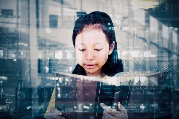 Double Exposure Female Elementary School Student Reading Book While Standing — Stock Photo, Image