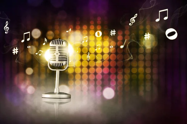 Image Microphone Flying Music Tunes Symbol Blurred Sparkling Light Background — Stock Photo, Image