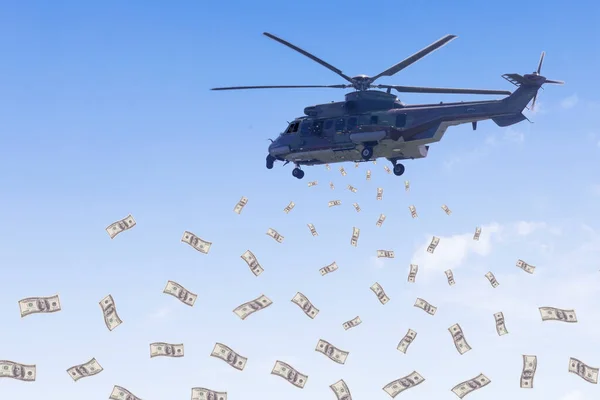 Imagen Helicóptero Volando Cielo Azul Mientras Distribuye Dinero Para Apoyar —  Fotos de Stock