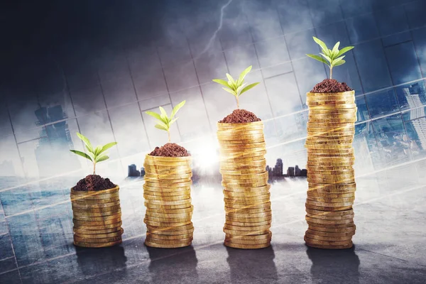 Double exposure of tree seeds above pile of gold coins shaped growth chart with cloudy sky background