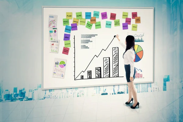 Tylny Widok Businesswoman Rysunek Wzrostu Finanse Wykres Tablicy Podczas Analizy — Zdjęcie stockowe