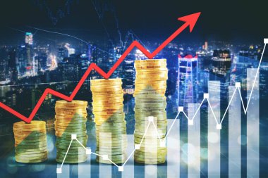 Büyüme grafiğini şekillendiren yığınla altın madeni para ve okun gece arka planında iki kez ortaya çıkması.