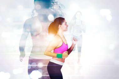 Double exposure of slim young woman doing run exercises with blurred sparkling lights background