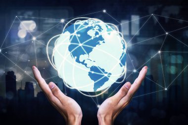 Sanal ekran arka planında ağ bağlantısı olan bir yerküresini tutan bilinmeyen ellerin kapatılması