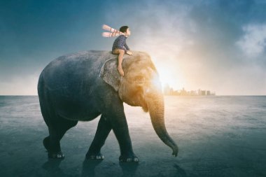 Side view of little boy looks happy while riding elephant with cityscape background