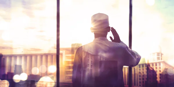 Double Exposure Devout Man Doing Azan While Standing Mosque City — Stock Photo, Image