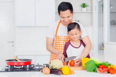 Mutfakta birlikte yemek pişirirken oğluna domates doğramayı öğreten mutlu bir baba. Evde vuruldu.
