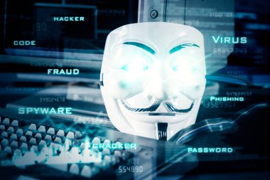 Bilgisayar monitörü ve klavyeli anonim maskenin kod ikili arkaplanı ile çifte pozlandırılması