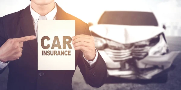 Close Businessman Hands Showing Paper Car Insurance Text While Standing — Stock Photo, Image