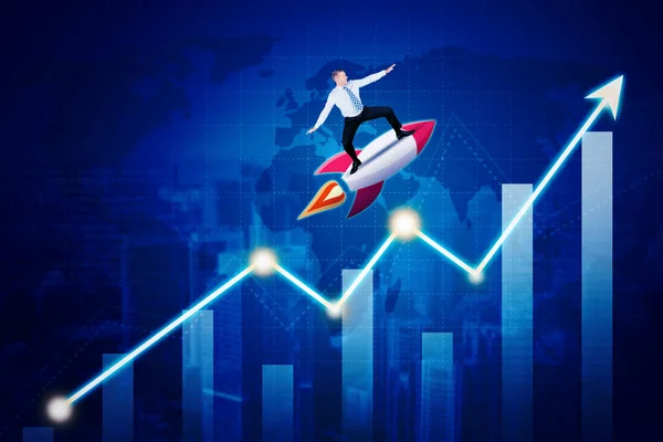 Caucasian Businessman Riding Rocket Growing Graph Double Exposure Cityscape World — Stock Photo, Image