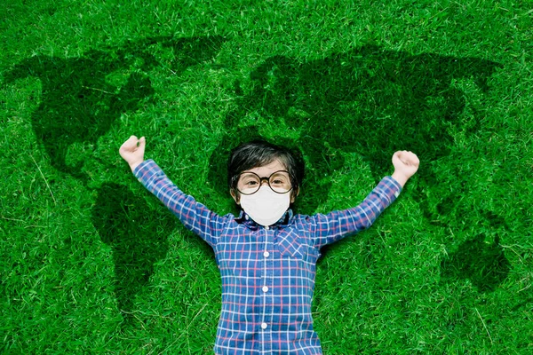 Top View Little Boy Wearing Face Mask Stretching His Hands — Stock Photo, Image