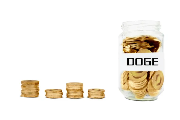 Cryptocurrency Befektetési Koncepció Zárja Üveg Tele Arany Érmékkel Doge Szó — Stock Fotó