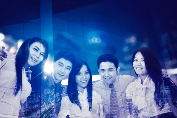 Double Exposure Business People Embracing Each Other Smiling Camera Night — Stock Photo, Image