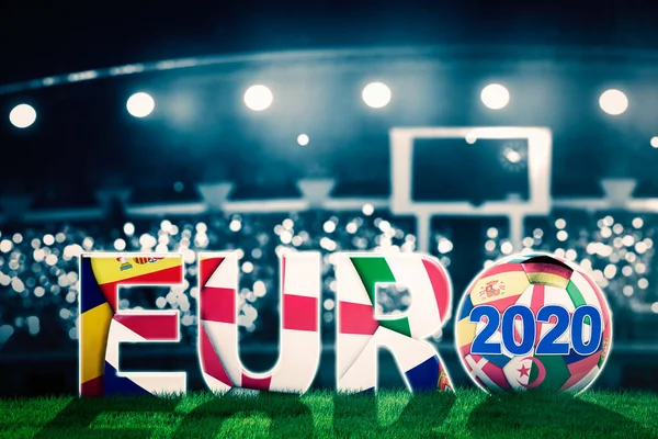 ユーロ2020のコンセプト スタジアムの芝生の上にヨーロッパ諸国の旗とユーロ2020テキストとボールの閉鎖 — ストック写真