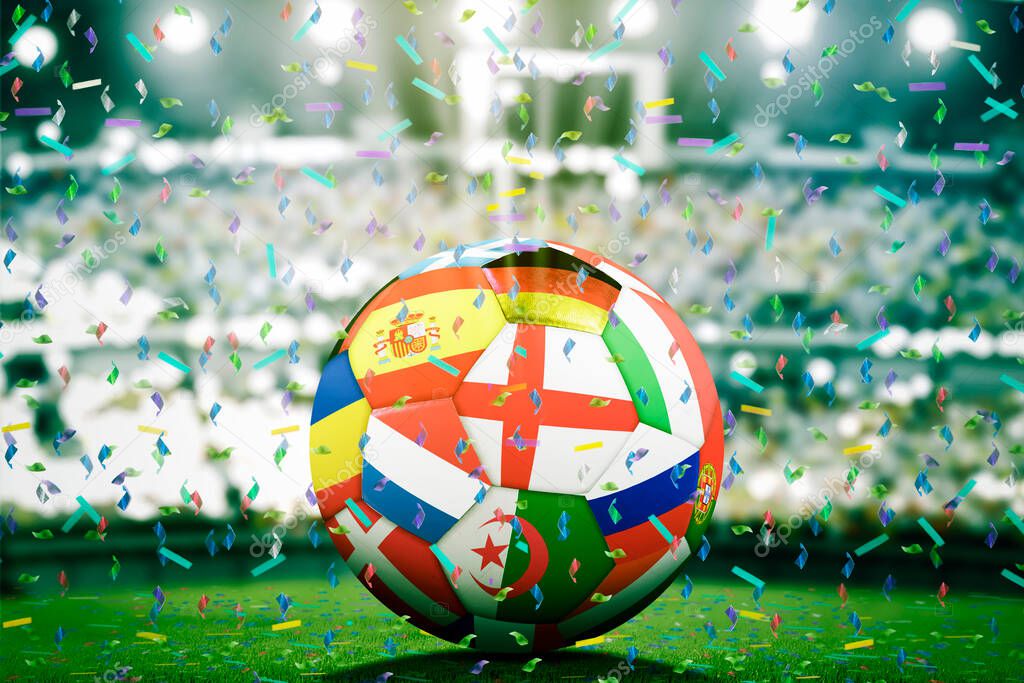Euro 2020 concept. Close up of soccer ball with flags of european countries under falling confetti in the stadium