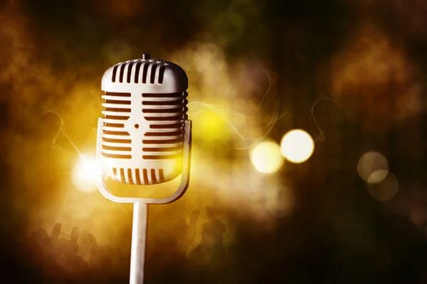 Close Old Microphone Blurred Sparkling Lights Background — Stock Photo, Image