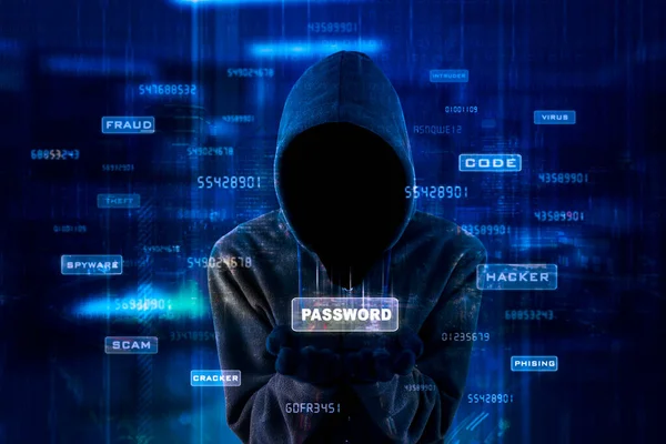 Doppia Esposizione Hacker Incappucciato Che Mostra Parola Ordine Sulle Mani — Foto Stock