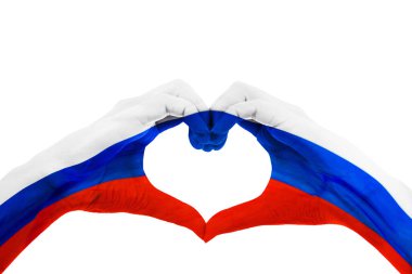 Close up of unknown hands painted in Russia flag color while making heart symbol in the studio. Isolated on white background