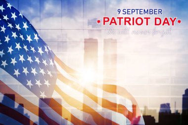Double exposure of America flag with Patriot day text in twin towers background