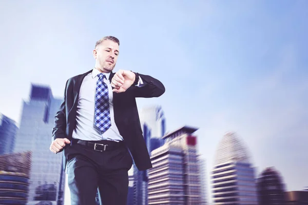 Low Angle View Caucasian Businessman Checking His Watch While Running — Stock Photo, Image