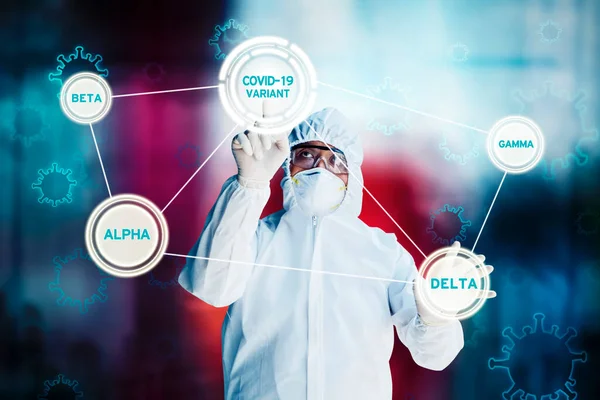 Male Doctor Wearing Hazmat Suit While Touching Button Virtual Screen — Stock Photo, Image