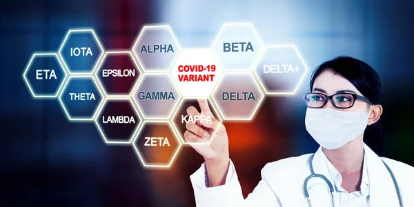 Female Doctor Wearing Face Mask While Touching Virtual Screen Covid — Stock Photo, Image