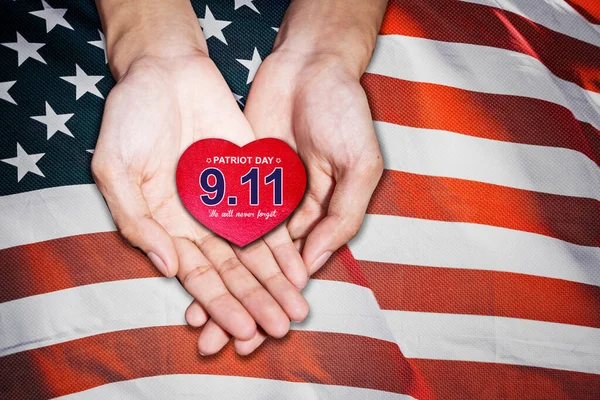Close Hands Holding Heart Symbol Patriot Day Text Remembrance Victims — Φωτογραφία Αρχείου