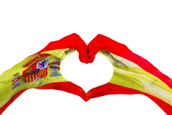 Крупный План Неизвестных Рук Создающих Символ Сердца Флагом Испании Студии — стоковое фото