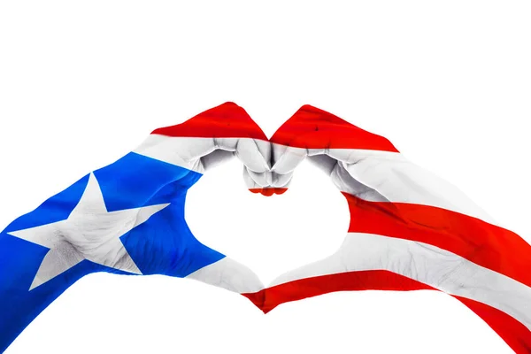 Close Unknown Hands Painted Puerto Rico Flag While Making Heart — Stok fotoğraf